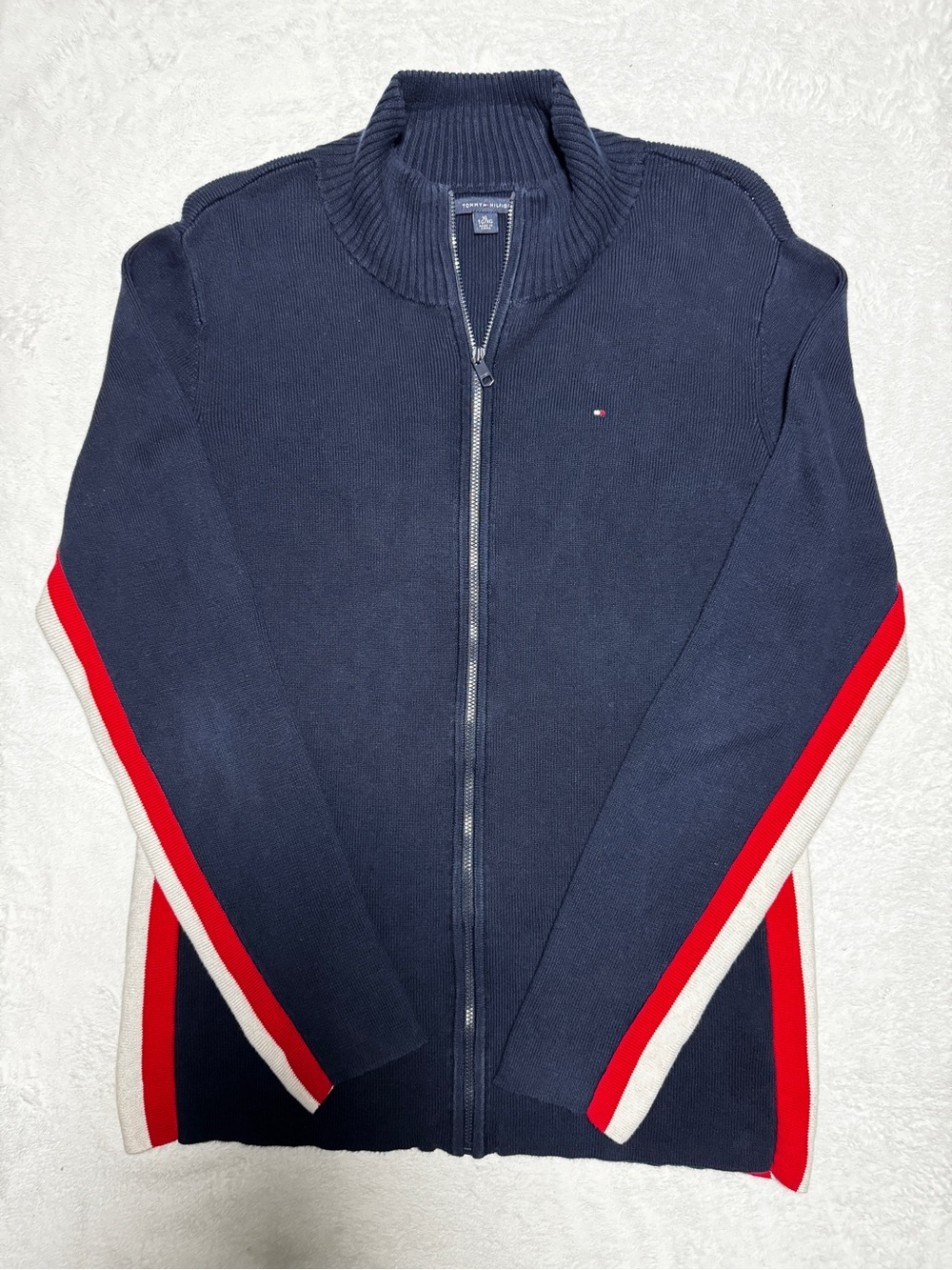 Tommy Hilfiger XL Navy Red White Stripe Zip Sweater